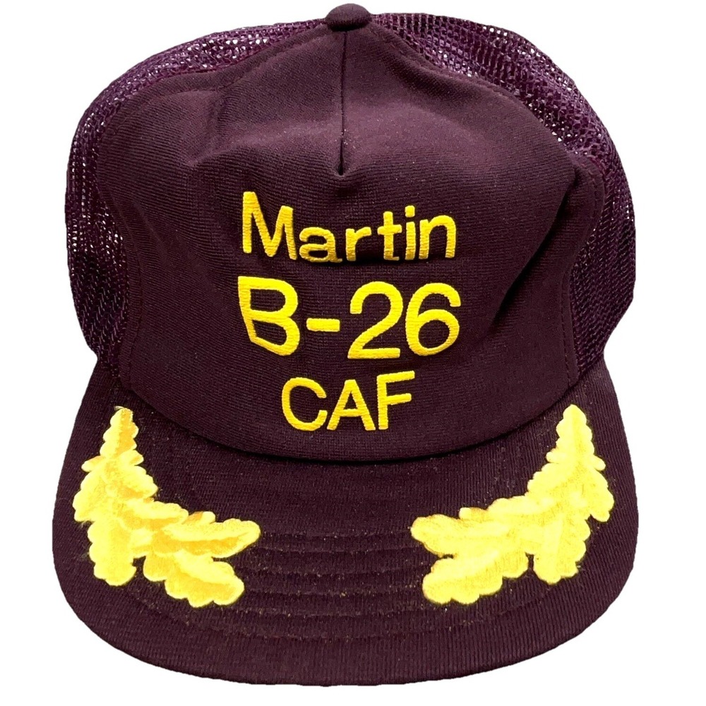 Vintage Trucker Hat Cap Snap Back Mesh USA Martin B-26 Plane Maroon Gold 80s